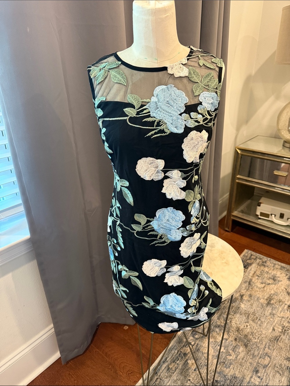 Calvin Klein Black Mini Dress with Blue & White Floral Embroidery